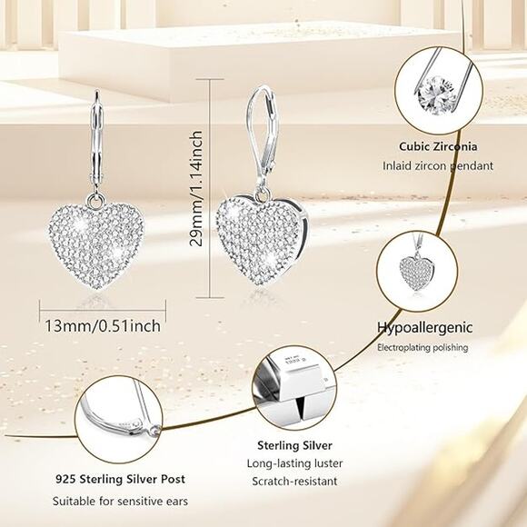 925 Sterling Silver 14K Gold Plated Heart Waterdrop Dangle Earring for Women - Picture 3 of 5